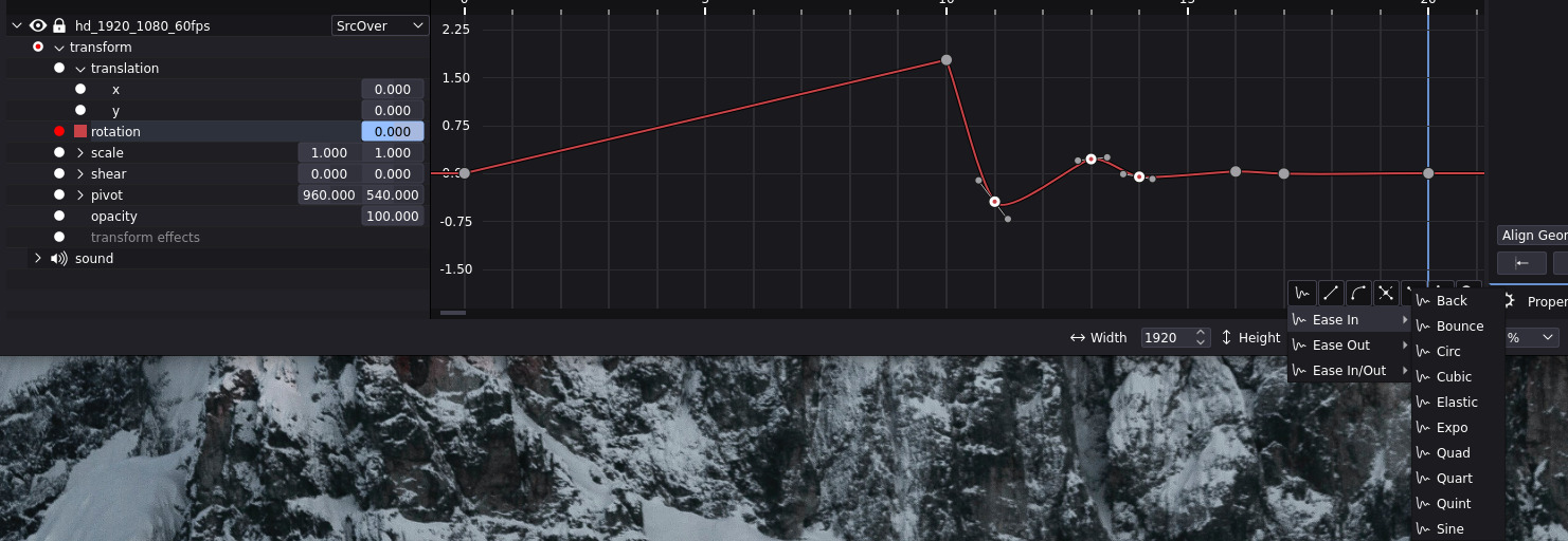 Screenshot of graph with easing options